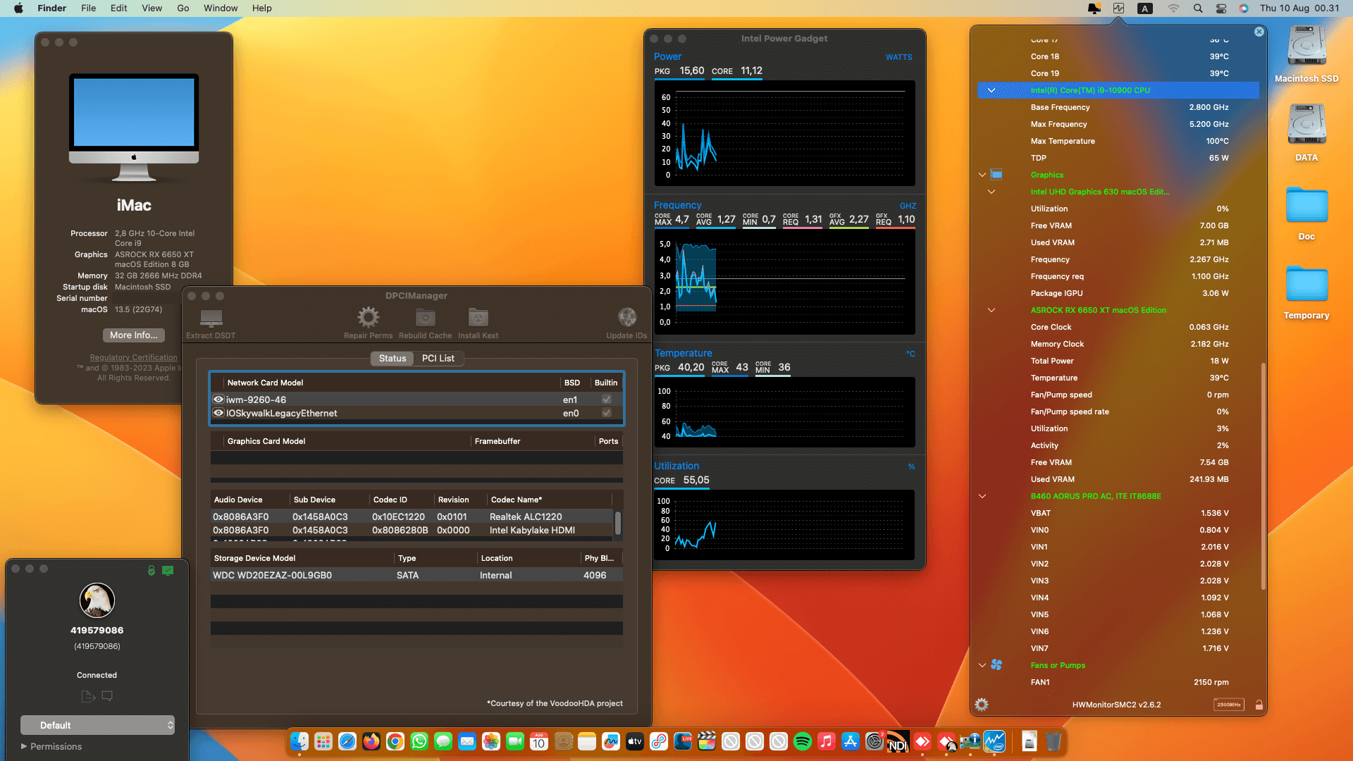 Success Hackintosh macOS Ventura 13.5 Build 22G74 in Gigabyte B460 Aorus Pro AC + Intel Core i9-10900 + Asrock RX 6650 XT